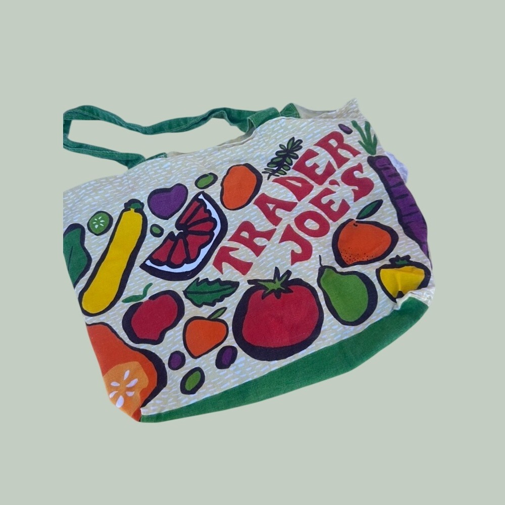Vintage Trader Joes Canvas Tote Bag Reusable Grocery Fruit Vegetable Print USA